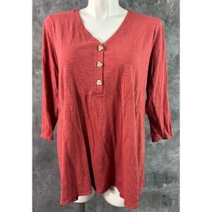 J Jill Salmon Colored Cotton Blend L/S V Neck Henley Top sz 2X (16159)